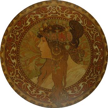 DAPRÈS ALPHONSE MUCHA (1860-1939). [TÊTES BYZANTINES.] Two decorative metal plates. Circa 1900. Each with a diameter of 16 inches, 40